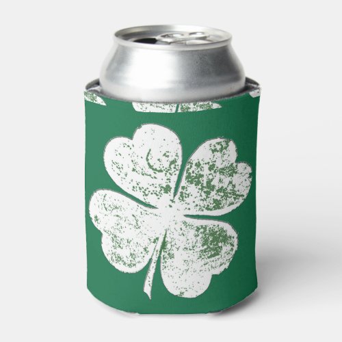White Grungy Four_Leaf Clover on Green Ground Can Cooler