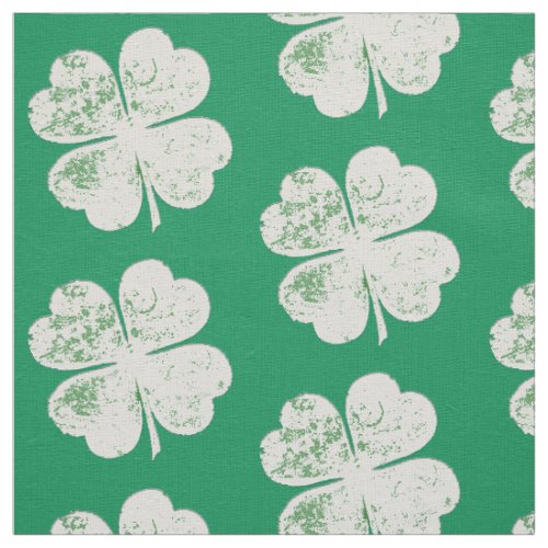 White Grungy Four_Leaf Clover on Green Ground Fabric