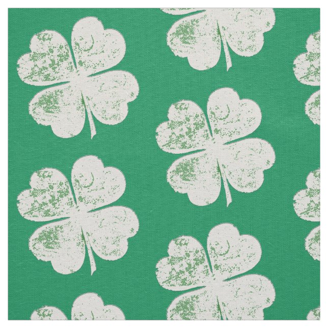 White Grungy Four-Leaf Clover on Green Ground Fabric (Swatch)