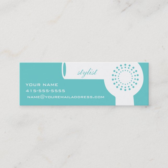 White Hairdryer & Teal Stylist Card (Front)