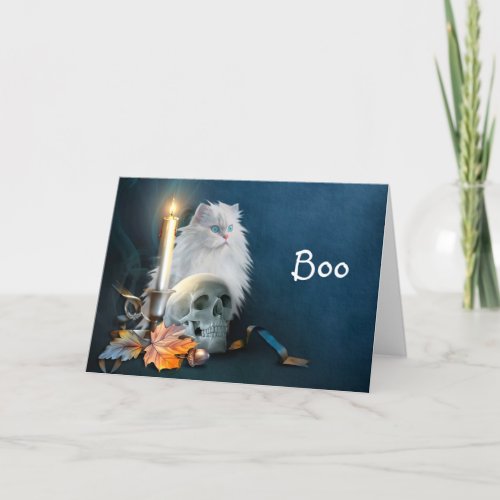 White Halloween cat Card