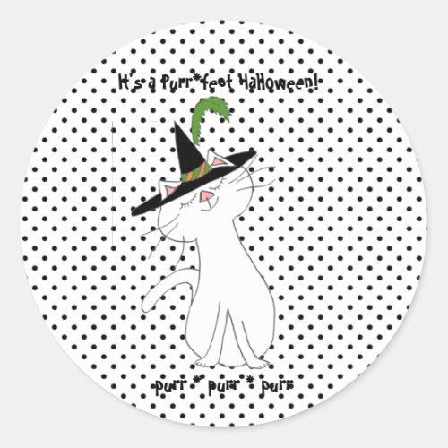 White Halloween Kitty with Black White Polka Dots Classic Round Sticker