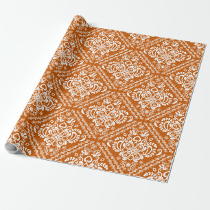 White & Halloween orange Floral Damasks Pattern Wrapping Paper
