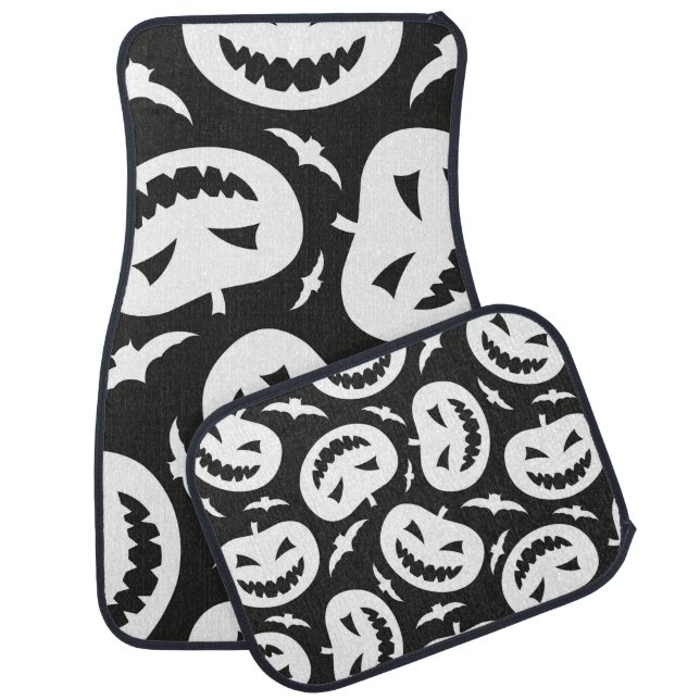 White halloween pumpkins and bats isolated on blac car floor mat (Set)
