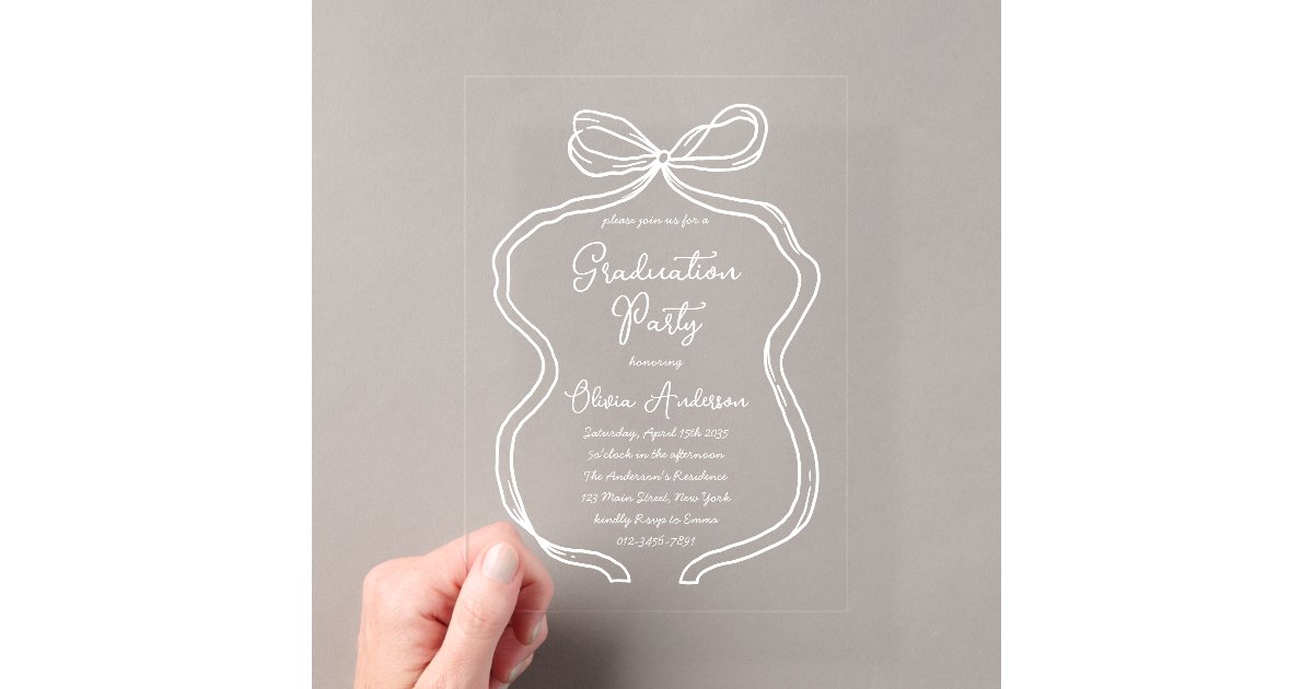 Bow For Graduation Script White Hand Drawn Bow & Script Graduation Party Acrylic Invitations | Zazzle