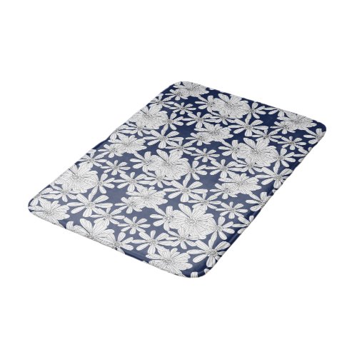 White Hand Drawn Flowers On Navy Blue Floral Print Bath Mat