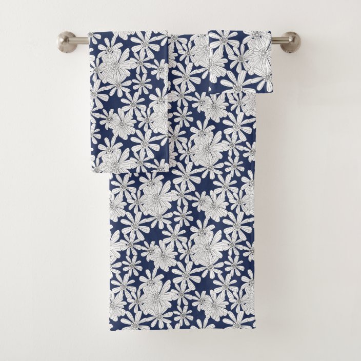 White Hand Drawn Flowers On Navy Blue Floral Print Bath Towel Set