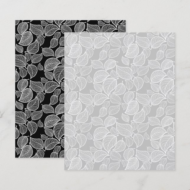 White Hand-Drawn Leaves on Silver Scrapbook Paper (Front/Back)