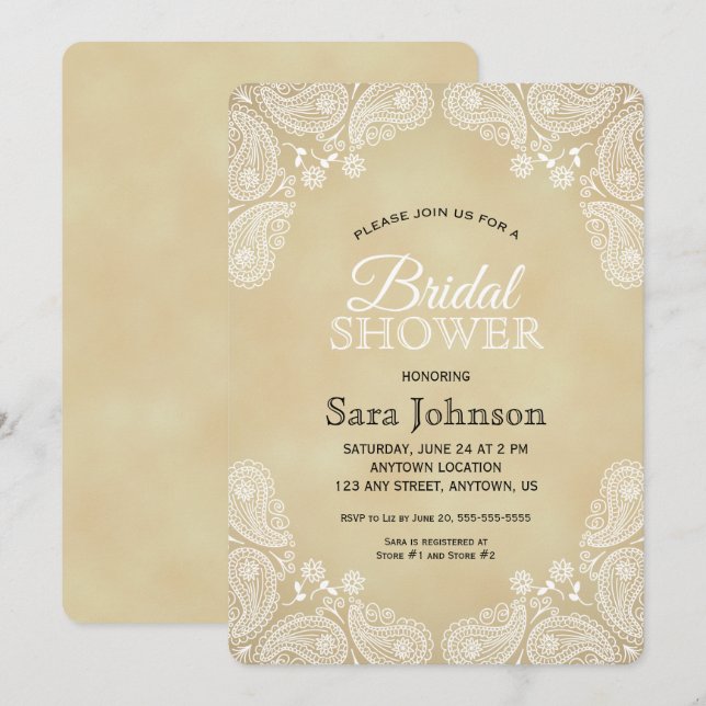 White Hand Drawn Paisley, Rustic Bridal Shower Invitation (Front/Back)