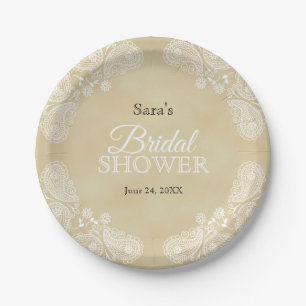 White Hand Drawn Paisley, Rustic Bridal Shower Paper Plates
