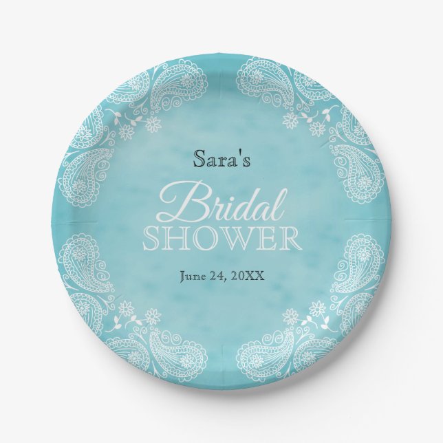 White Hand Drawn Paisley Teal Rustic Bridal Shower Paper Plates (Front)