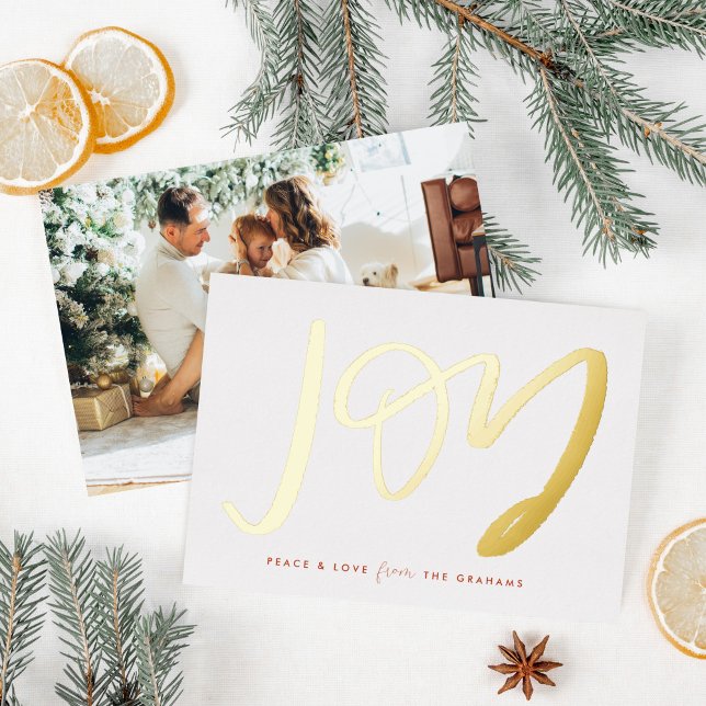 White Hand-Lettered Joy Photo Gold Foil Holiday Card (Hand-Lettered Joy gold foiled on a chic white holiday card with your photo on the back.)