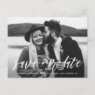 White Hand Lettered Script Photo Save the Date Announcement Postcard