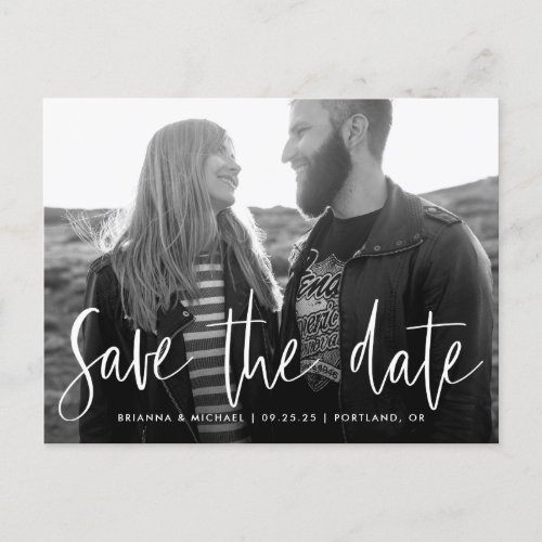 White Hand_Lettered Script Photo Save the Date Announcement Postcard