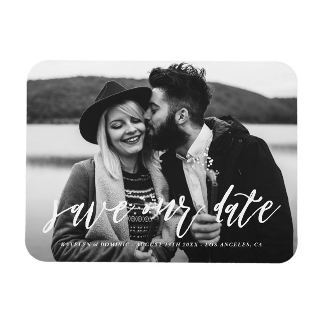 White Hand Lettered Script Photo Save the Date Magnet (Horizontal)