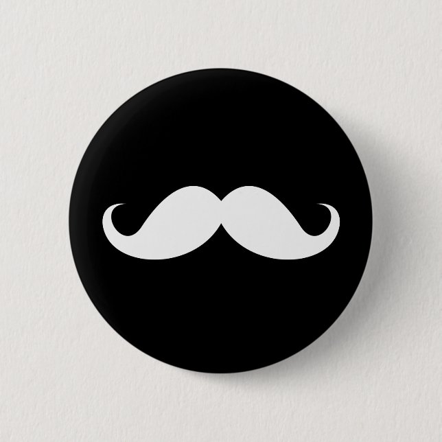 White handlebar mustache on black background pinback button (Front)