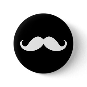 White handlebar mustache on black background pinback button