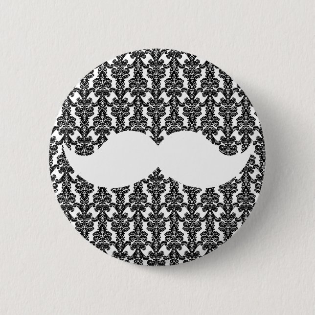 White Handlebar Mustache on Black Damask Paper Pinback Button (Front)