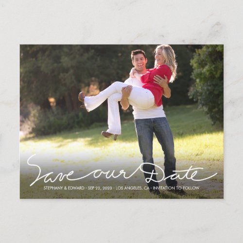 White Handwrite Save our Date Photo Postcard