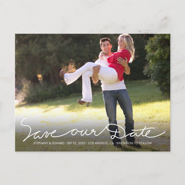 White Handwrite Save our Date Photo Postcard (Front)
