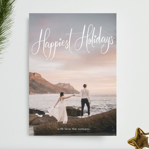 White Handwriting Happiest Holiday Photo Card