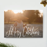 White Handwriting Merry Christmas Photo Card<br><div class="desc">A beautiful White Script Handwriting Merry Christmas Photo Card design with a patterned graphic on the back with a snowflake pattern in red. Happiest Holidays,  stars and handwriting script font.</div>