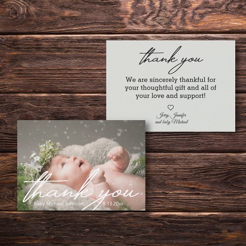 white handwriting thank you newborn boy photo  note card