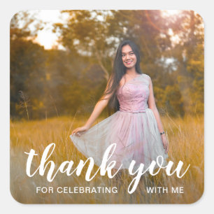 White Handwriting Thank You Photo Graduation Square Sticker