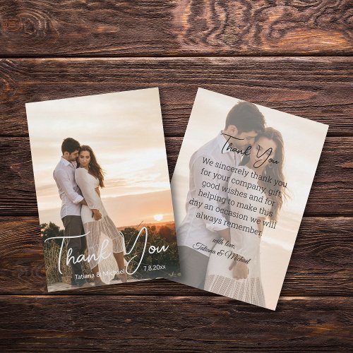 white handwriting wedding 2 photos  thank you   note card