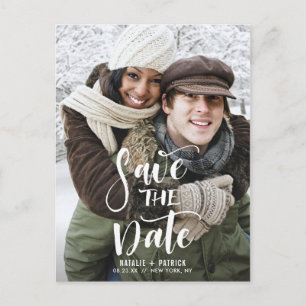 White Handwritten Script Photo Save the Date Announcement Postcard