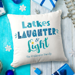 White Hanukkah Latkes Laughter Light Fun Blue Type Throw Pillow