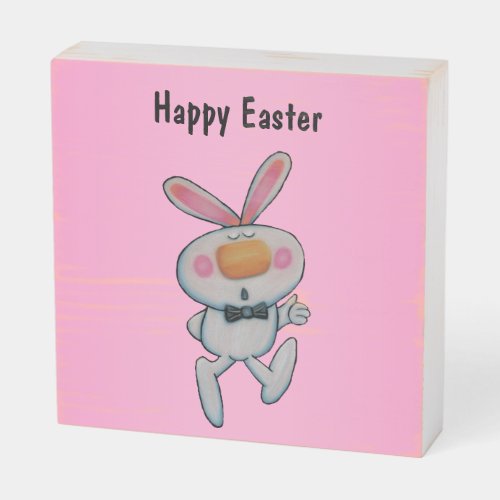 White Happy Easter Bunny Bow Tie Thumbs Up Pink Wooden Box Sign