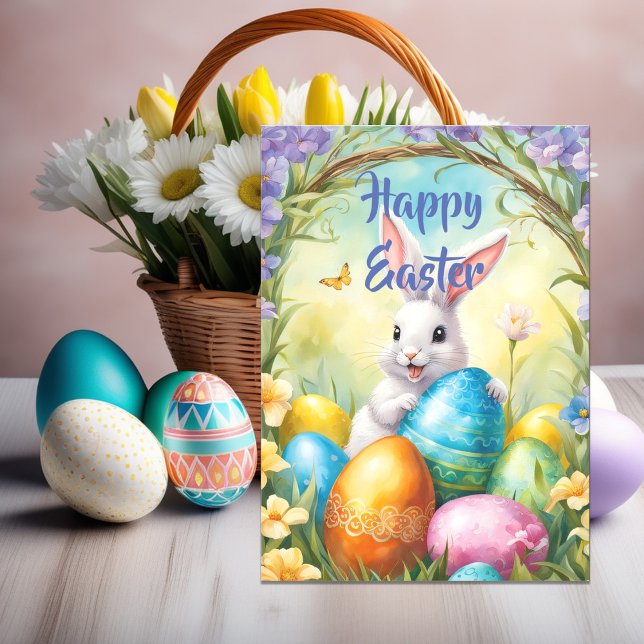 White Happy Easter Bunny with Colorful Eggs Holiday Card (Creator Uploaded)