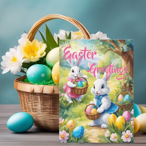 White Happy Easter Bunny with Eggs Holiday Card