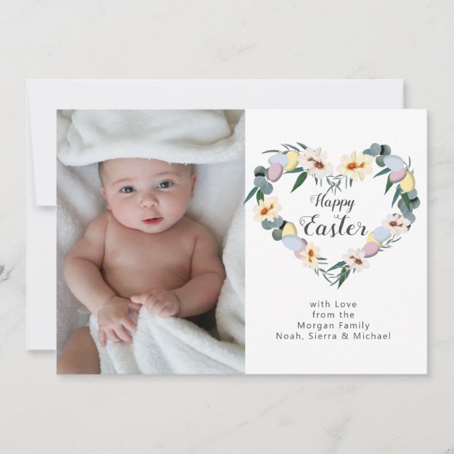 White Happy Easter Egg Wreath | Family Photo Holiday Card (Front)
