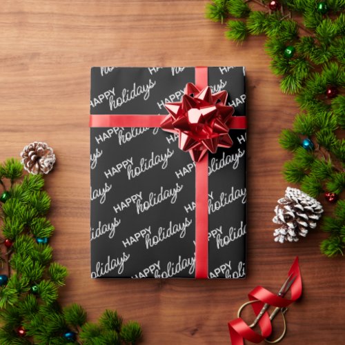 White Happy Holidays Wordart Pattern On Black Wrapping Paper