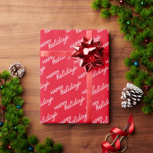 White Happy Holidays Wordart Pattern On Red Wrapping Paper