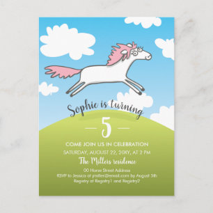 White Happy Horse Hand Drawn Girl 5th Birthday Invitation Postcard