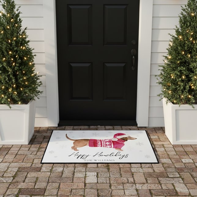 White Happy Howlidays Dachshund Dog Welcome Doormat (Creator Uploaded)