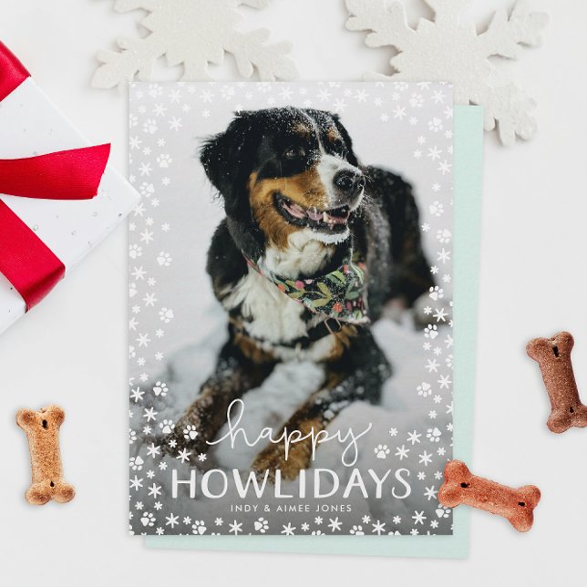 White Happy Howlidays Pet Lover Holiday Photo Card (snowflakes and paw prints happy howlidays pet parent Christmas holiday photo cards)