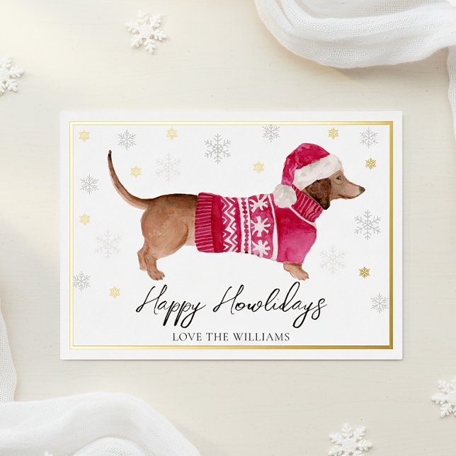 White Happy Howlidays Watercolor Dachshund Dog Foil Holiday Card (Creator Uploaded)