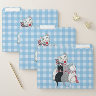 White Happy Mother Cat Three Kittens Plaid File Folder