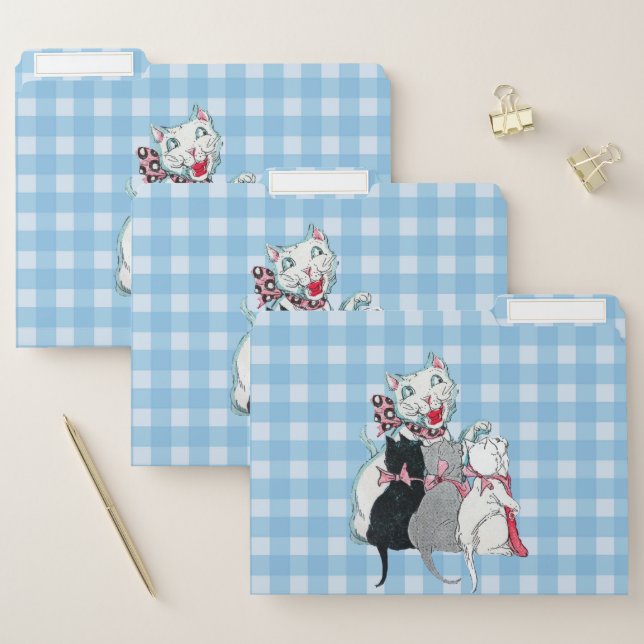 White Happy Mother Cat Three Kittens Plaid File Folder (Set)