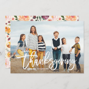 White Happy Thanksgiving Hand Lettering Photo Holiday Card