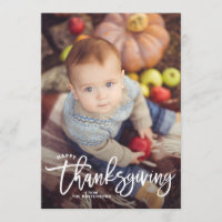 White Happy Thanksgiving Hand Lettering Photo II Holiday Card