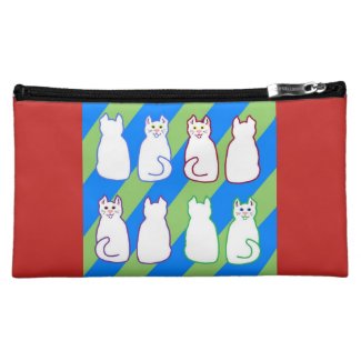 White Harlequin Cats Blue & Green on Red Makeup Bag