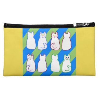 White Harlequin Cats Blue & Green on Yellow Makeup Bag
