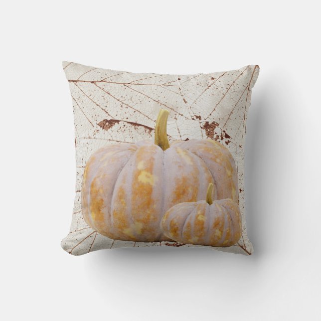 White Harvest Leaves and Pumpkins Happy Fall Throw Pillow (Front)