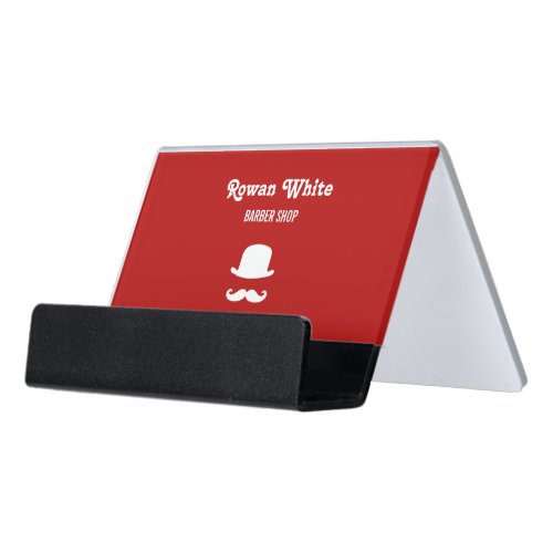 White hat and moustache silhouette red desk business card holder