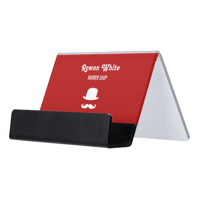 White hat and moustache silhouette red desk business card holder (Angled Front)